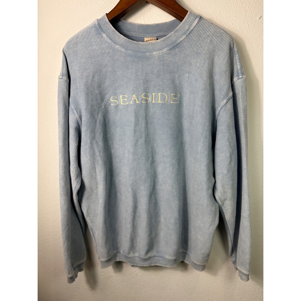 chicka-d Women Sweatshirt Blue S Seaside Corded Ribbed Pullover 100% Cotton